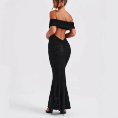 Q98--New style one-shoulder lace dress with open back and sexy long hip skirt