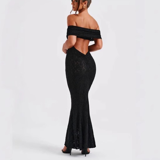 Q98--New style one-shoulder lace dress with open back and sexy long hip skirt