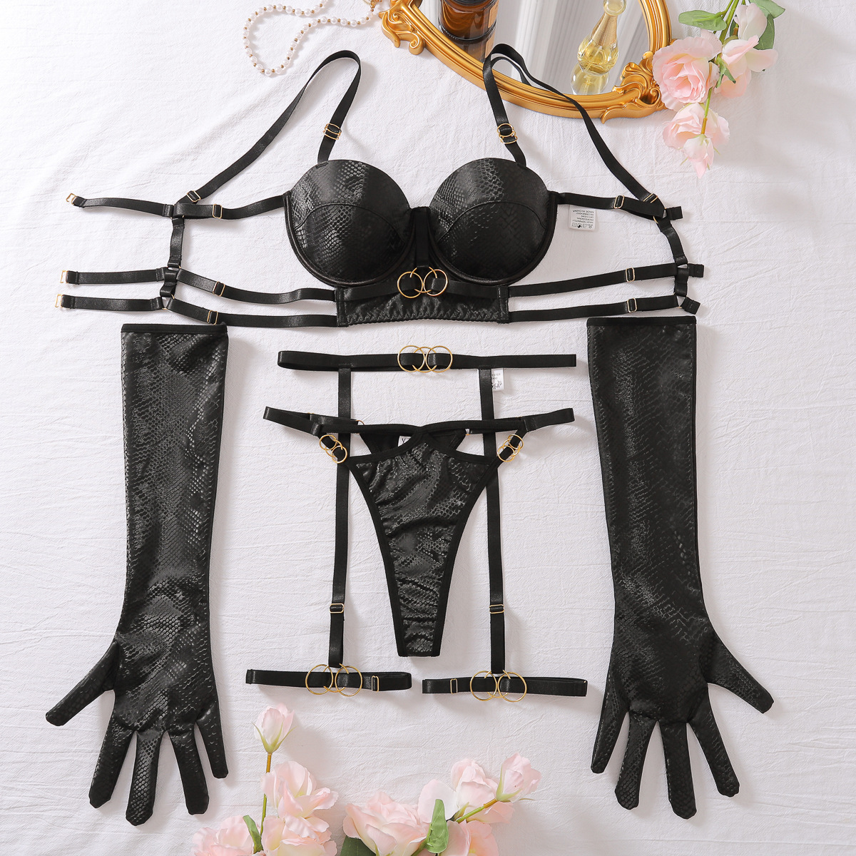 XZ4008L-Popular mesh see-through sexy bra set gather passion sexy underwear five-piece set