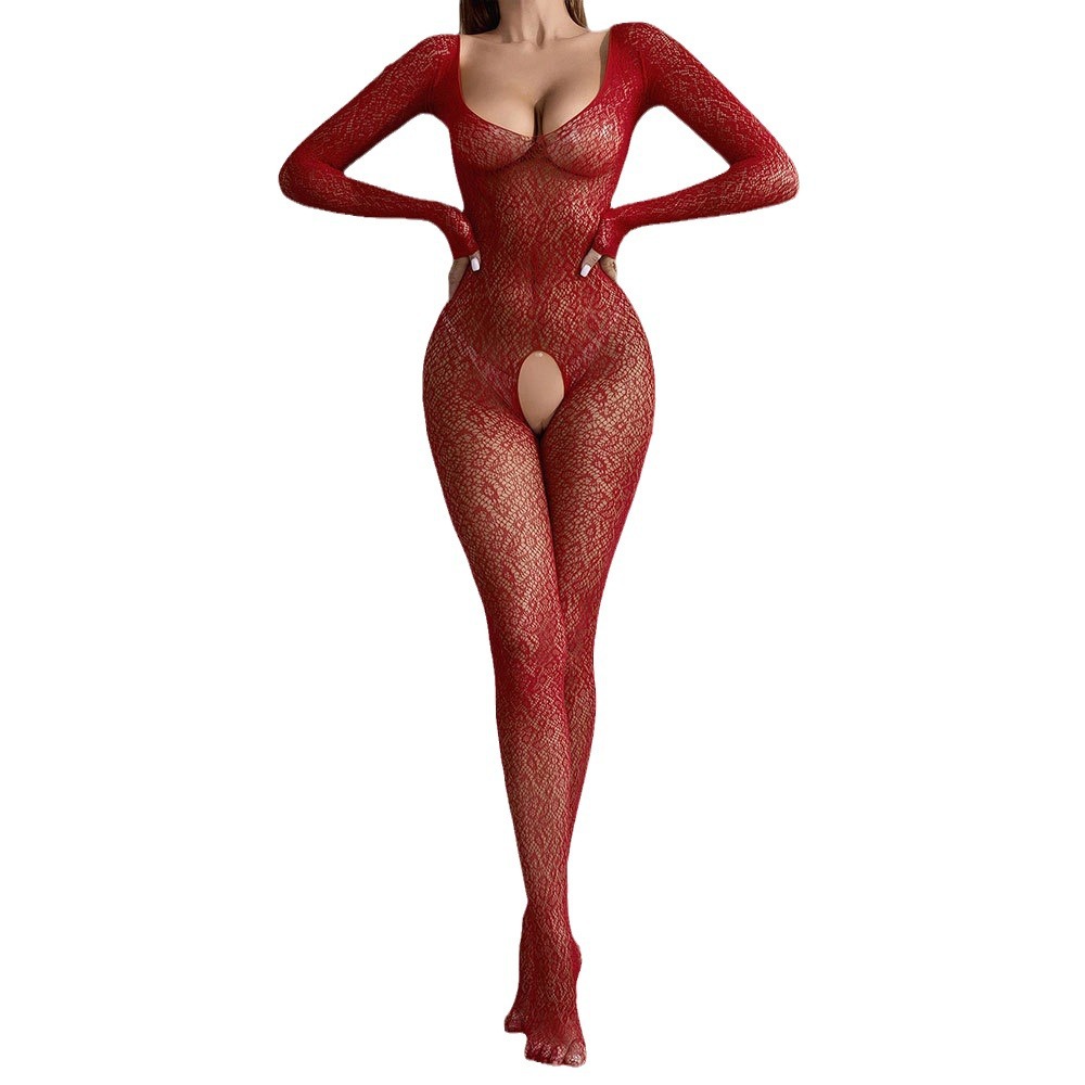 H050--Sexy long-sleeved one-piece fishnet stockings with closed crotch see-through