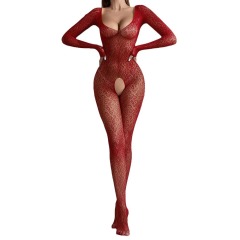 H050--Sexy long-sleeved one-piece fishnet stockings with closed crotch see-through