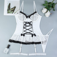 3602--Sexy lingerie pure style lace cross-strap bow black and white cute set