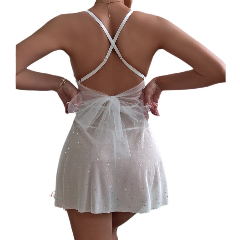 3584--White elastic mesh polka dot sequins see-through suspender skirt with a bow on the back, cute nightdress