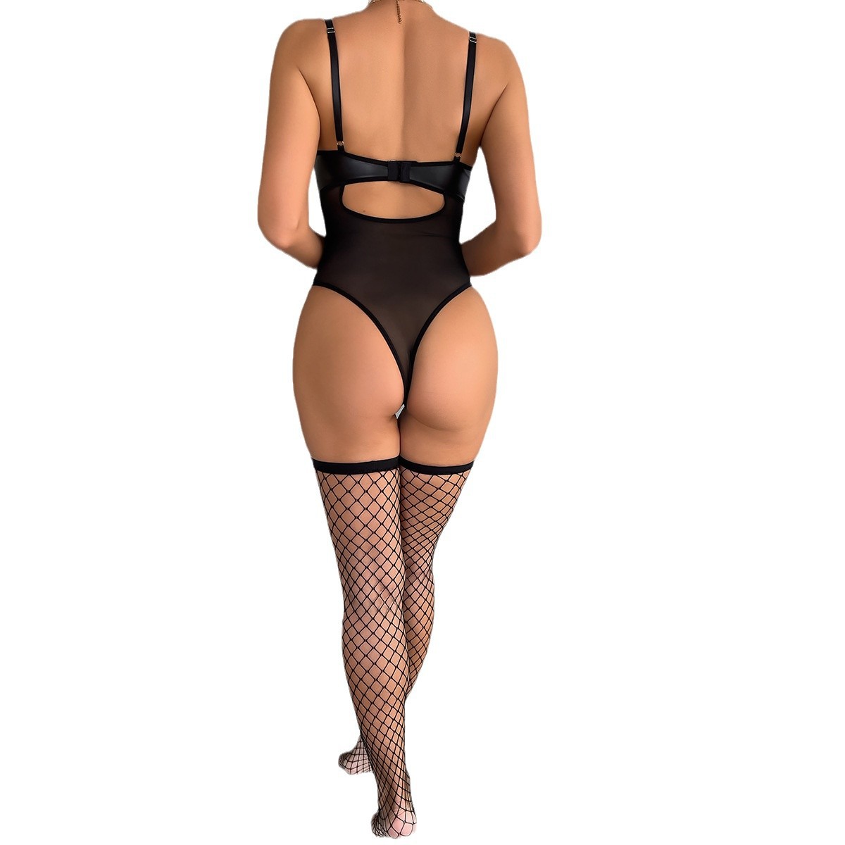 3684--Hollow long fishnet stockings black PU slightly elastic side straps heart cross sexy jumpsuit