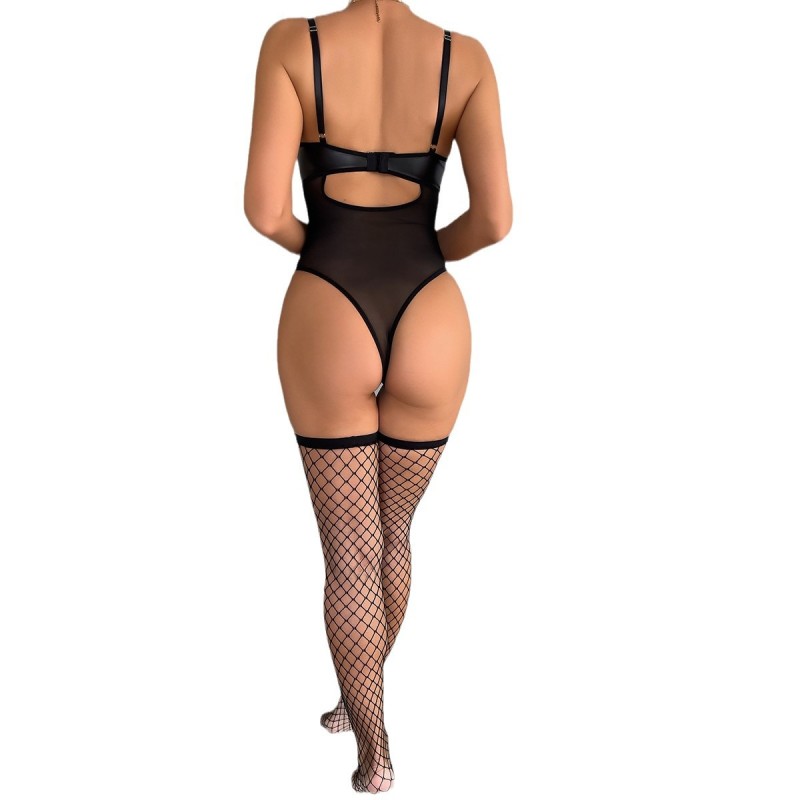 3684--Hollow long fishnet stockings black PU slightly elastic side straps heart cross sexy jumpsuit