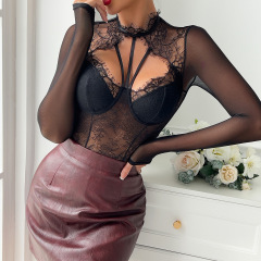 3643--New lace eyelash lace long-sleeved base black jumpsuit