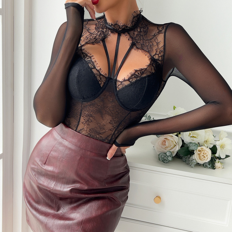 3643--New lace eyelash lace long-sleeved base black jumpsuit