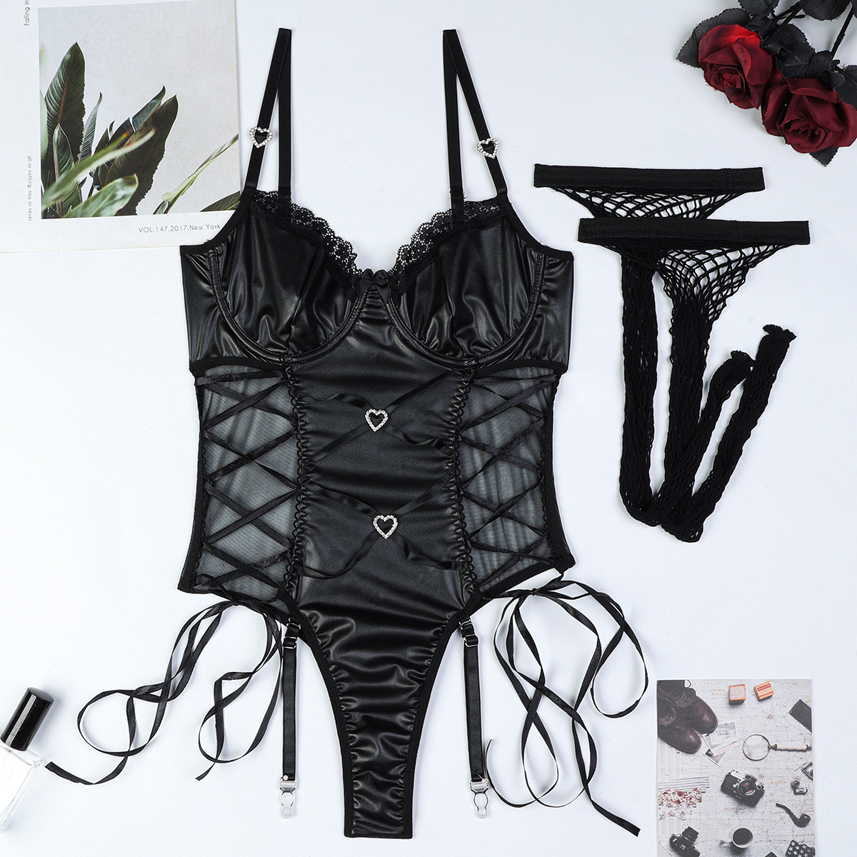 3684--Hollow long fishnet stockings black PU slightly elastic side straps heart cross sexy jumpsuit