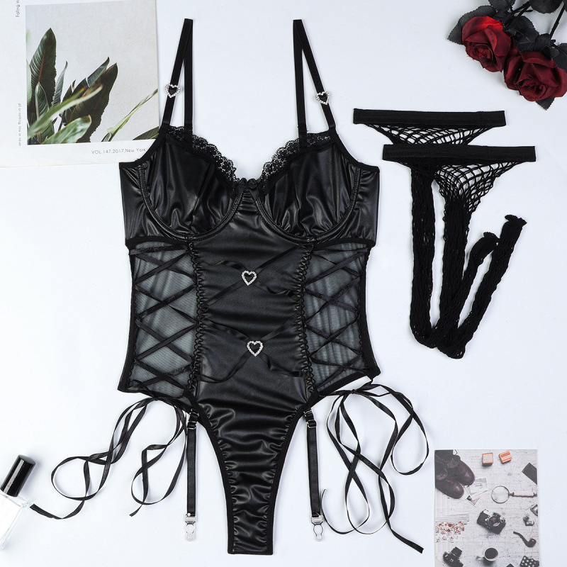 3684--Hollow long fishnet stockings black PU slightly elastic side straps heart cross sexy jumpsuit