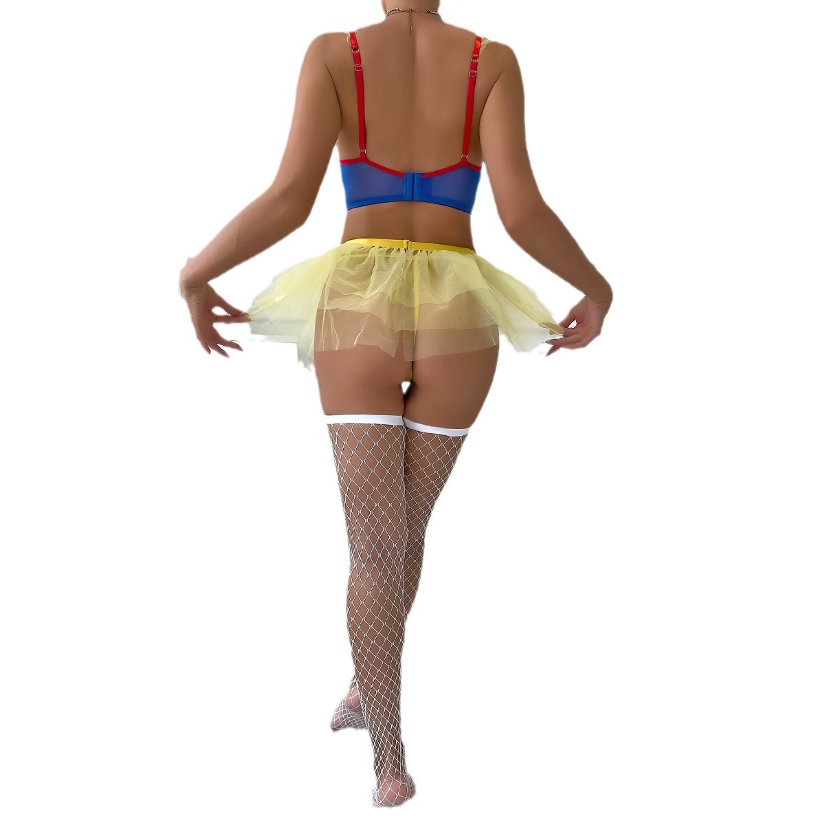 3688--Hollow fishnet stockings butterfly blue contrast color mesh see-through sexy underwear four-piece set