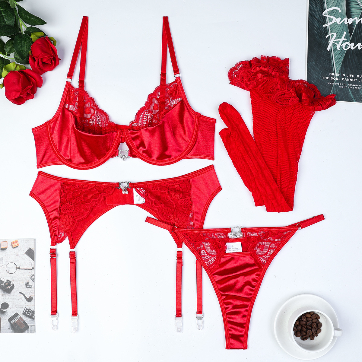 3658--Christmas Valentine's Day Red New Year's Fun Lace Splicing Pendant Sexy Lingerie Four-piece Set