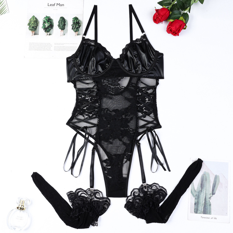 3605--Hot-selling bodysuit lace and PU sexy body-shaping bodysuit with suspenders and bowknot sexy suit