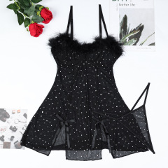 3627--Sexy black hot diamond sparkling crystal feather splicing see-through elastic mesh slit dress two-piece set
