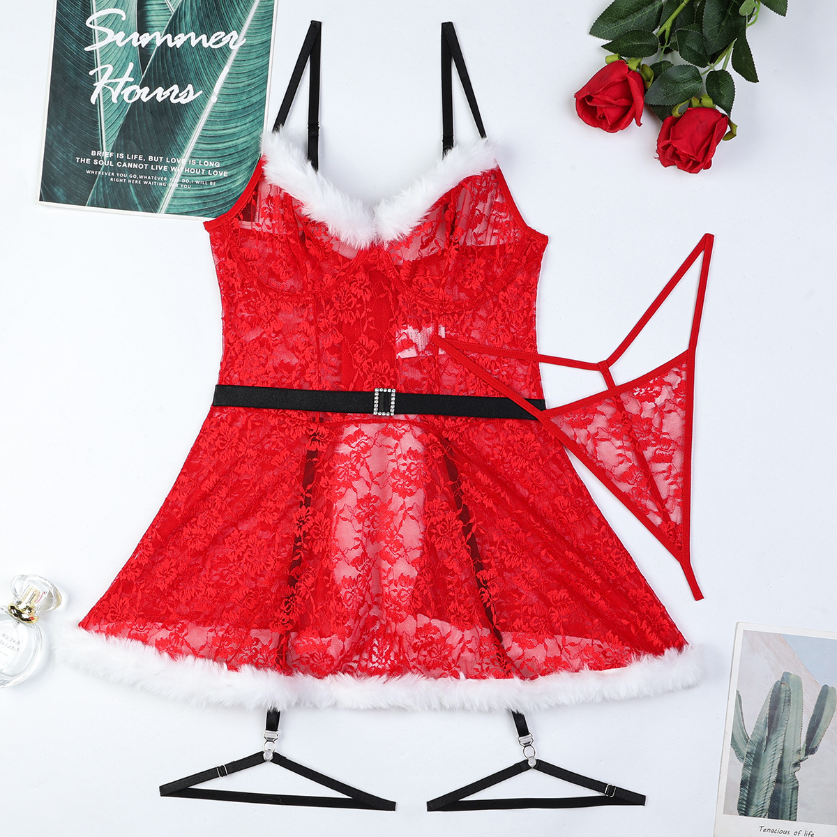 3679--High quality Christmas dress European and American New Year suspender skirt lace contrast color playful skirt with leg rings