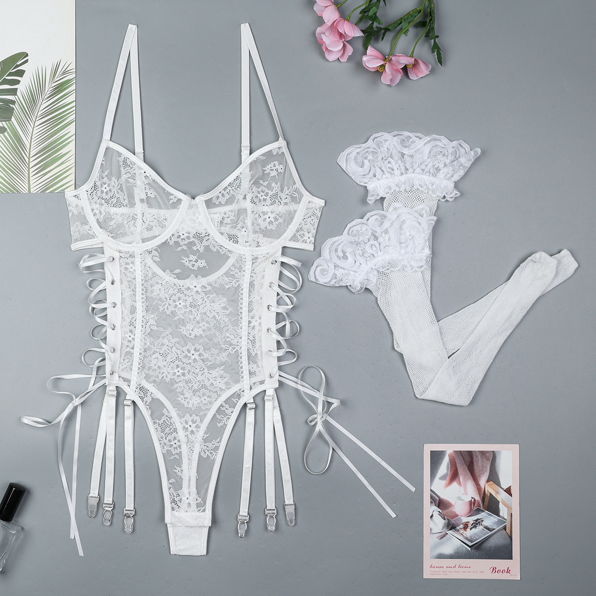 3670--White light lace cross straps hollow ribbon adjustable sexy lingerie