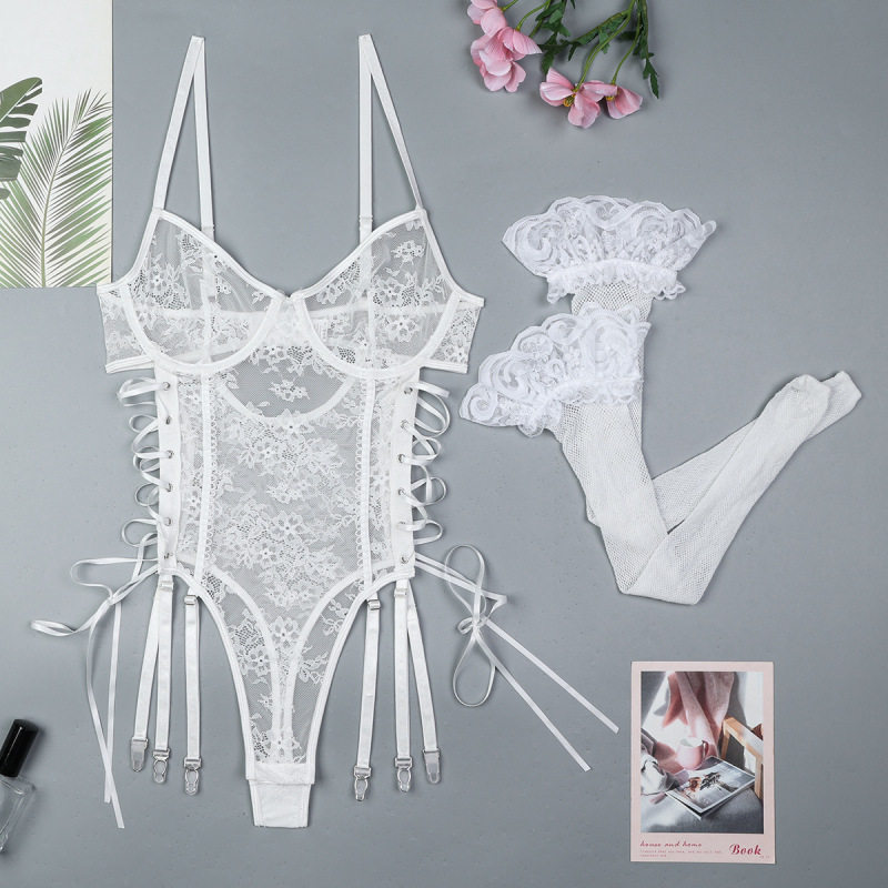 3670--White light lace cross straps hollow ribbon adjustable sexy lingerie