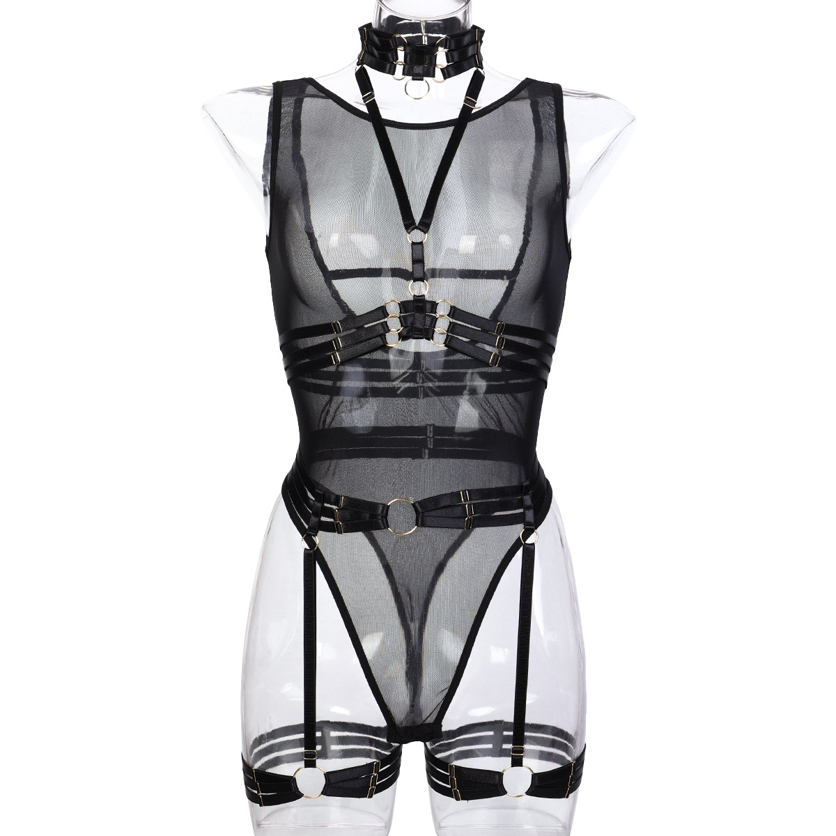 3319--New sexy bodysuit with mesh straps and complex craftsmanship, halter neck and leg loops