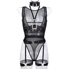 3319--New sexy bodysuit with mesh straps and complex craftsmanship, halter neck and leg loops