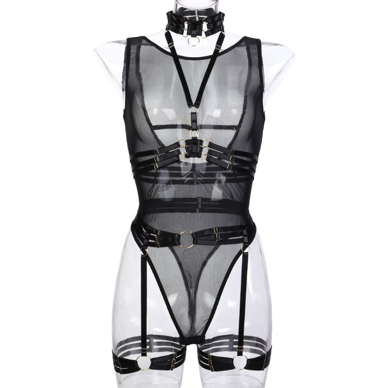 3319--New sexy bodysuit with mesh straps and complex craftsmanship, halter neck and leg loops