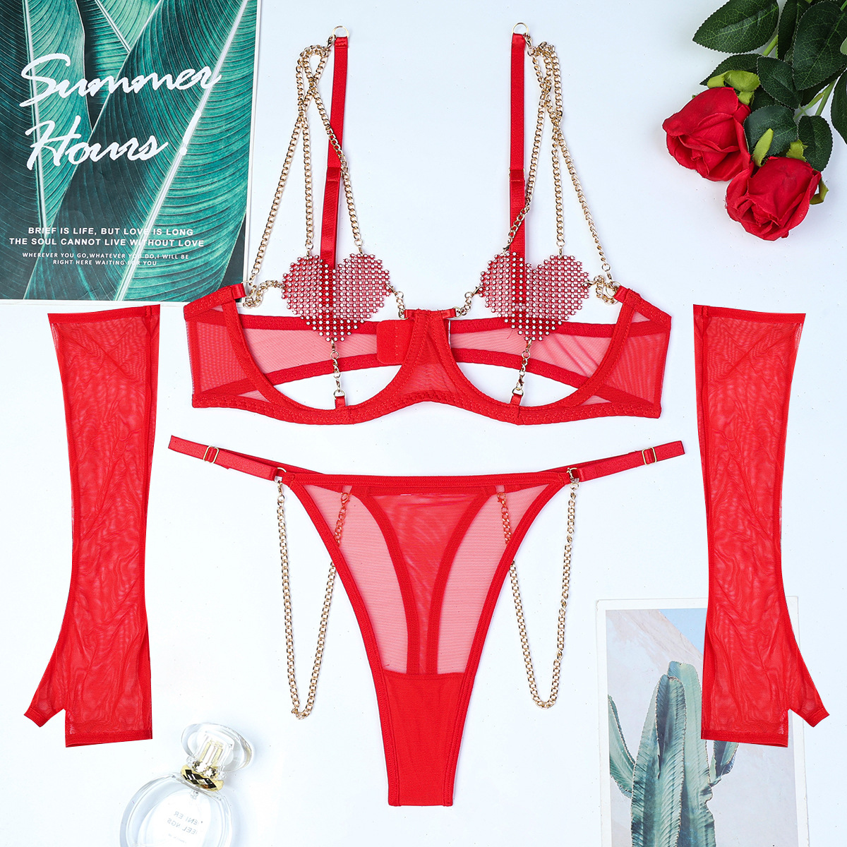 3660--Christmas red New Year love crystal and metal chain underwear four-piece set