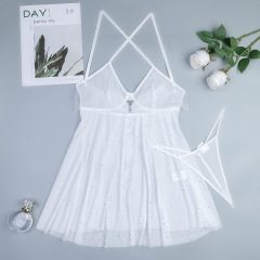 3584--White elastic mesh polka dot sequins see-through suspender skirt with a bow on the back, cute nightdress