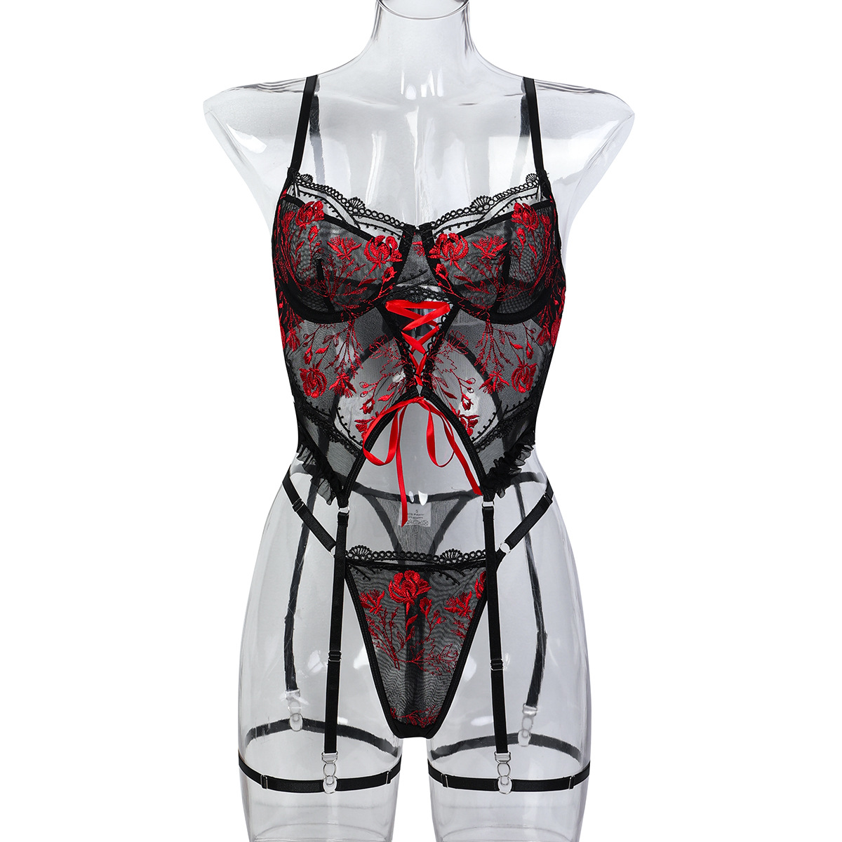 3663--Flower embroidery cross strap sexy lingerie three-piece set