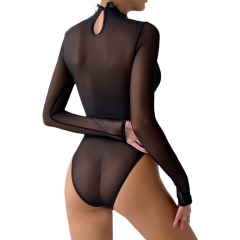 3643--New lace eyelash lace long-sleeved base black jumpsuit