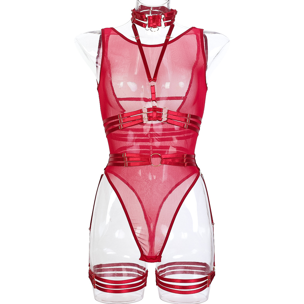 3319--New sexy bodysuit with mesh straps and complex craftsmanship, halter neck and leg loops