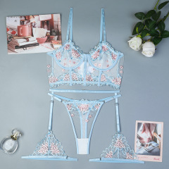 3664--Sexy lingerie embroidery three-piece set