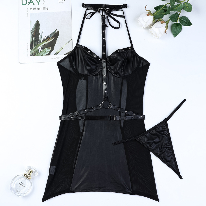 3619--Black slightly elastic soft leather non-PU patent leather Motorcycle style metal nail halter neck waist hip skirt two-piece set