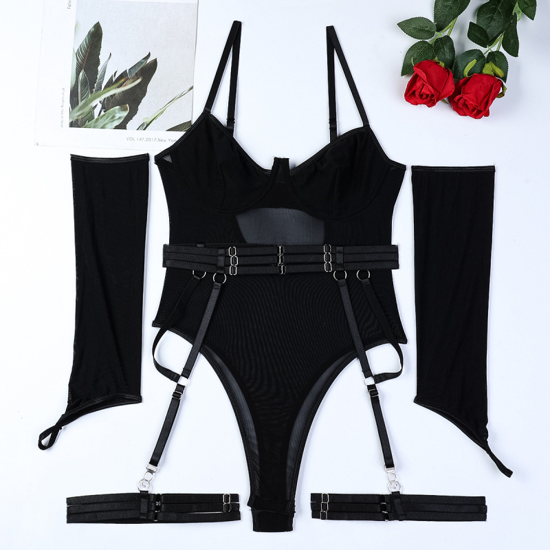 3615--Sexy lingerie mesh straps stitching gloves suspenders jumpsuit set