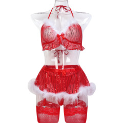 3678--Christmas polka dot glitter high-end halter neck playful holiday four-piece dress