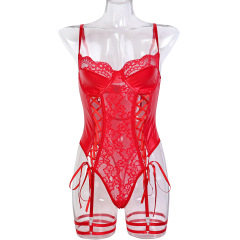 3629--New hot style black lace strap bow patchwork PU leather sexy tights bodysuit