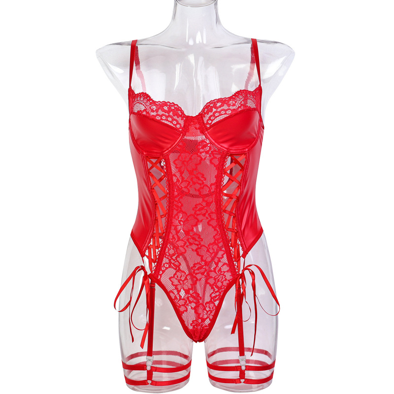 3629--New hot style black lace strap bow patchwork PU leather sexy tights bodysuit