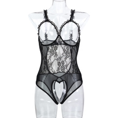 3610--Tempting see-through sexy breast-revealing heart-shaped crotch-less bodysuit