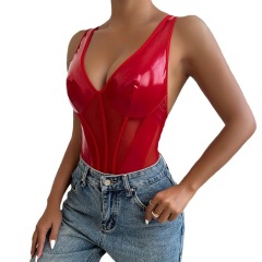 3550-New PU reflective patent leather stitching sexy V-neck fashion fun jumpsuit