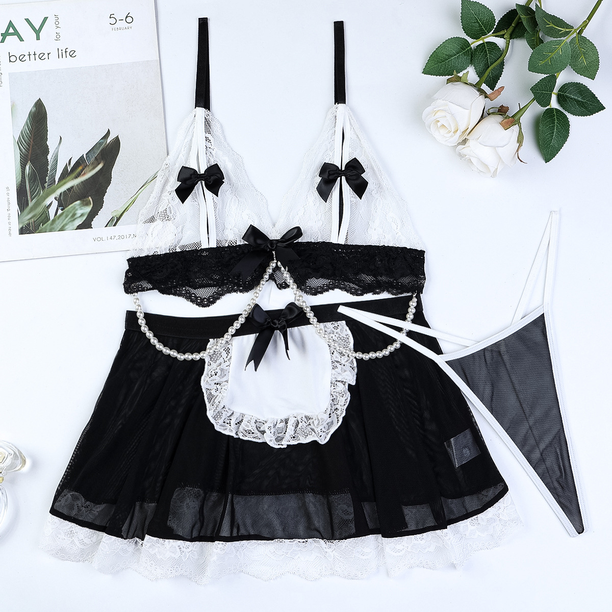 3622--Sexy girl uniform bow set pearl chain sexy underwear