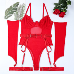3615--Sexy lingerie mesh straps stitching gloves suspenders jumpsuit set