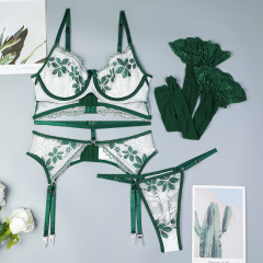 3638--New sexy suit, contrasting green leaf lace retro high-end underwear four-piece set