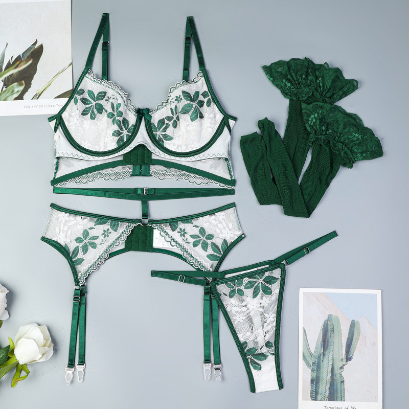 3638--New sexy suit, contrasting green leaf lace retro high-end underwear four-piece set