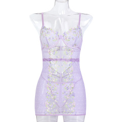 3672--New style embroidered small floral patchwork tight dress suspenders see-through pajamas dress