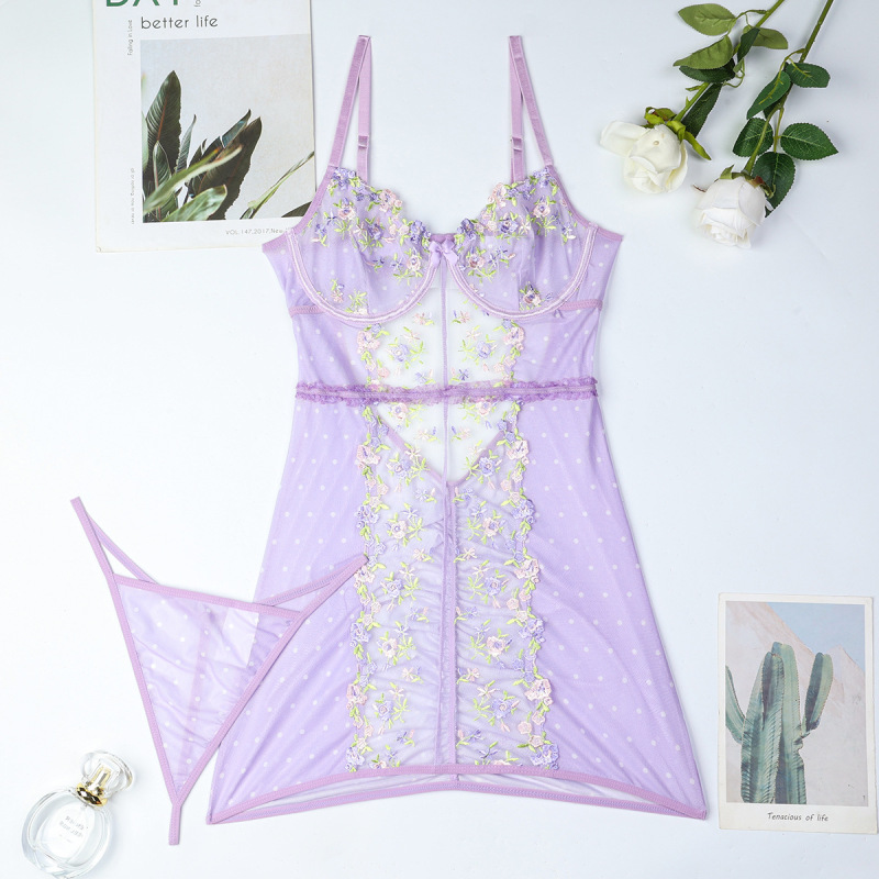 3672--New style embroidered small floral patchwork tight dress suspenders see-through pajamas dress