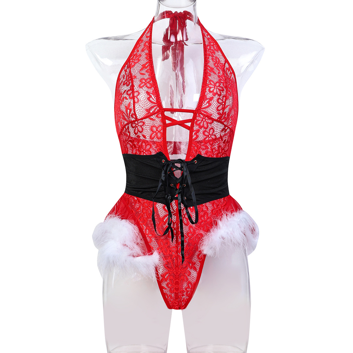 3668--Christmas outfit red New Year halter neck sexy hollow belt slimming jumpsuit two-way wear