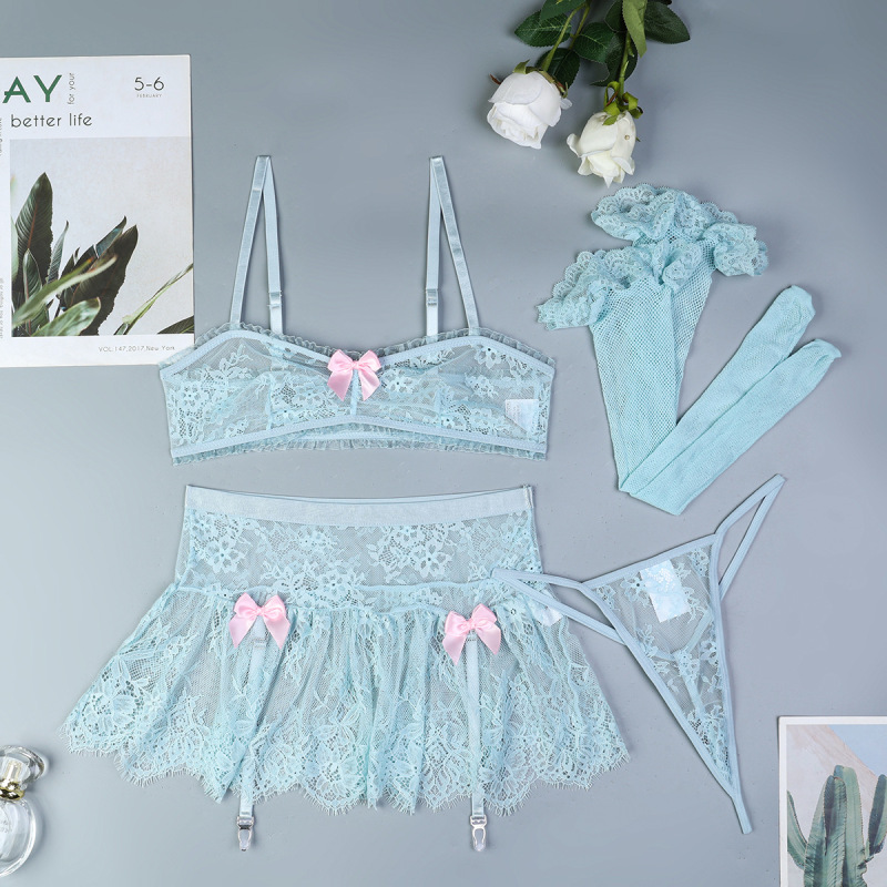 3649--Including socks, thin lace, no steel ring, soft, high-quality sexy lingerie, four-piece set