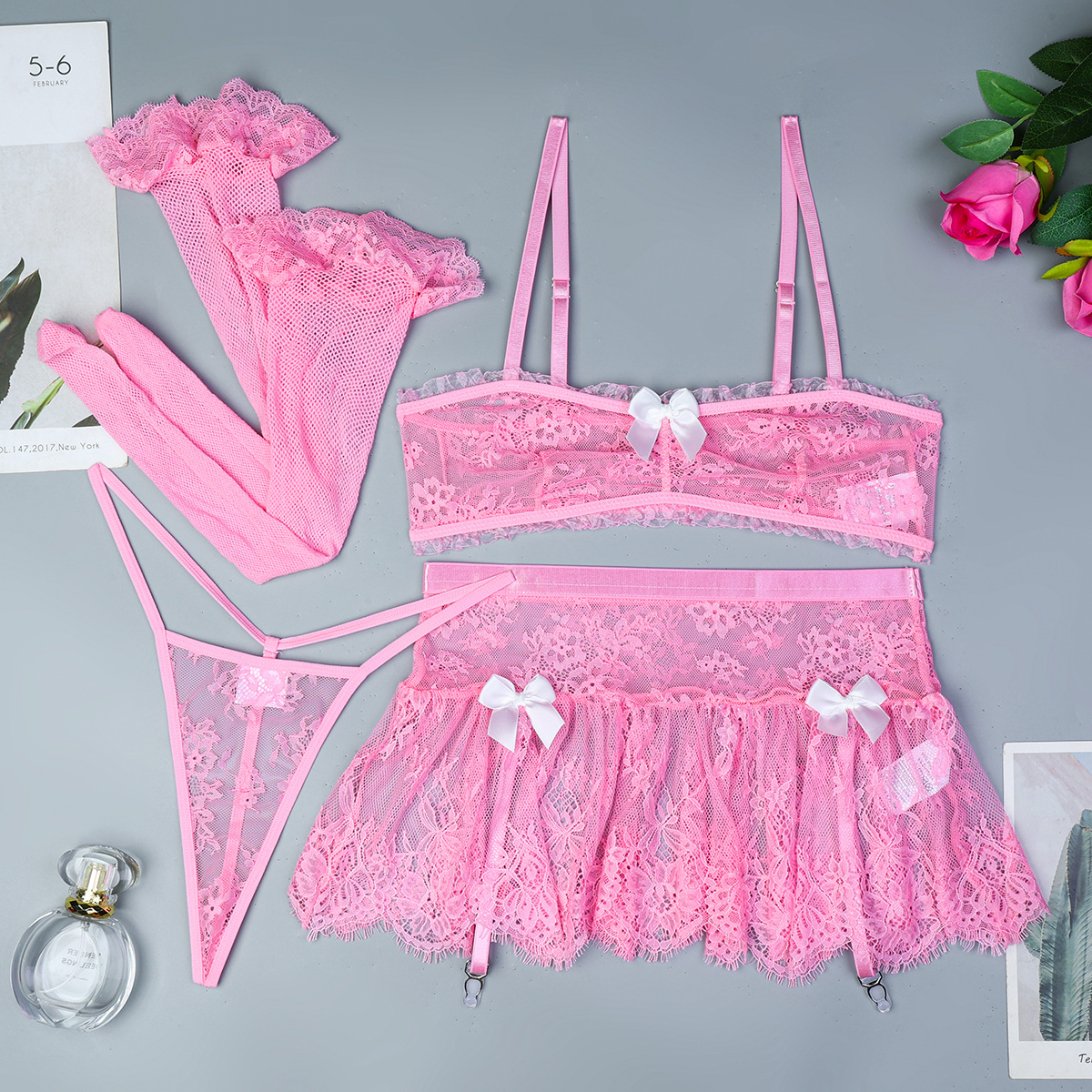 3649--Including socks, thin lace, no steel ring, soft, high-quality sexy lingerie, four-piece set