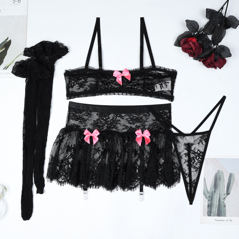 3649--Including socks, thin lace, no steel ring, soft, high-quality sexy lingerie, four-piece set