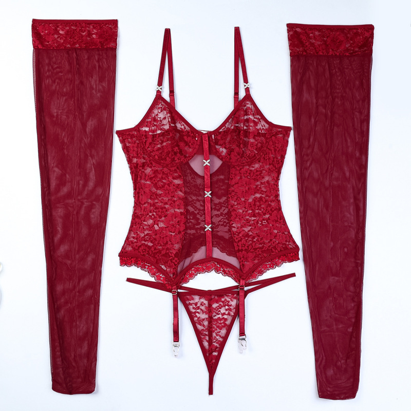 3618--Tempting long leg socks three-piece lace luxury high-end sexy lingerie