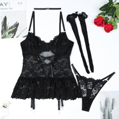 3657--Four-piece set of sexy underwear with fishnet stockings, crystal collar, black lace strap waist suspender skirt