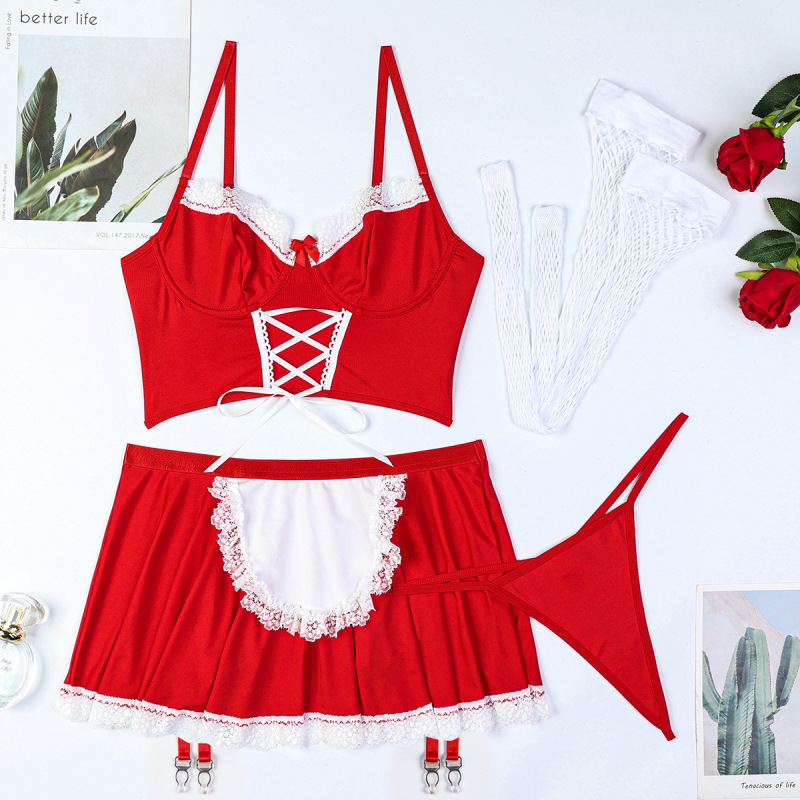 3689--Christmas dress-up festive red strap cross-hanging sexy underwear four-piece set