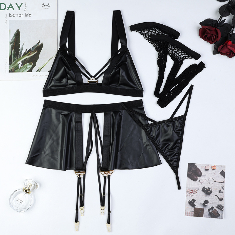 3703--Popular black PU leather metal hollow sexy underwear dark motorcycle women's three or four piece set